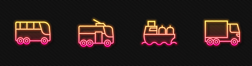 Set line Oil tanker ship Bus Trolleybus and Delivery cargo truck. Glowing neon icon. Vector.