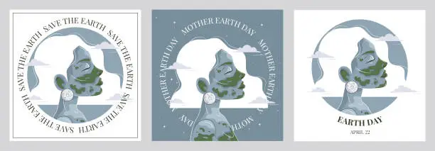 Vector illustration of Posters set for Earth day. Mother Earth girl in outer space. World environment day.
