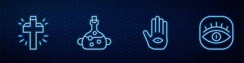 Set line Hamsa hand, Christian cross, Poison in bottle and Masons. Glowing neon icon on brick wall. Vector.