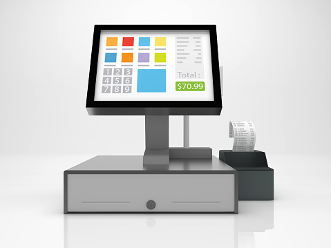 point of sale system or POS register for store management and supermarket payment with the receipt printer. 3d rendering illustration