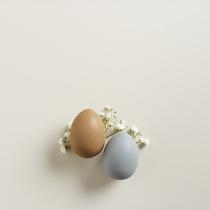 Easter Eggs pattern with White Gypsophila flowers on Light beige Background. Dyed colorful eggs in pastel colors, spring holiday photo, tender soft hues, flat lay of celebration food and white blooms