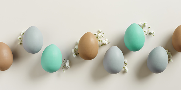 Pastel Easter Eggs as minimal pattern with white blooming Flowers on beige color, top view colorful chicken egg. Easter celebration banner. Festive food, still life holiday, aesthetic flat lay