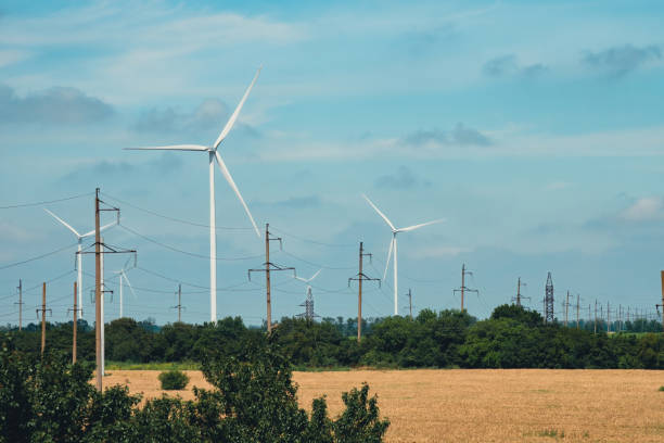 istock Wind farm with arrays of wind turbines against blue sky 2068461990