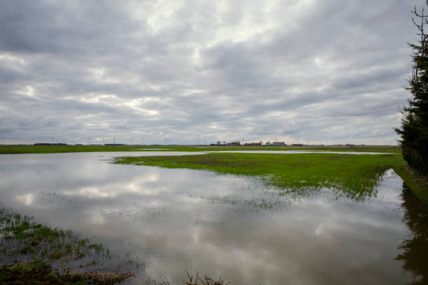 A flooded field with a reflection of the sky and a farm on the horizon.