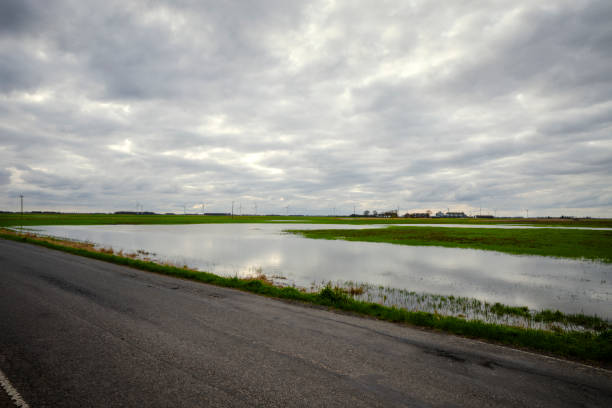 A flooded field with a reflection of the sky and a farm on the horizon, and an empty road in the foreground.