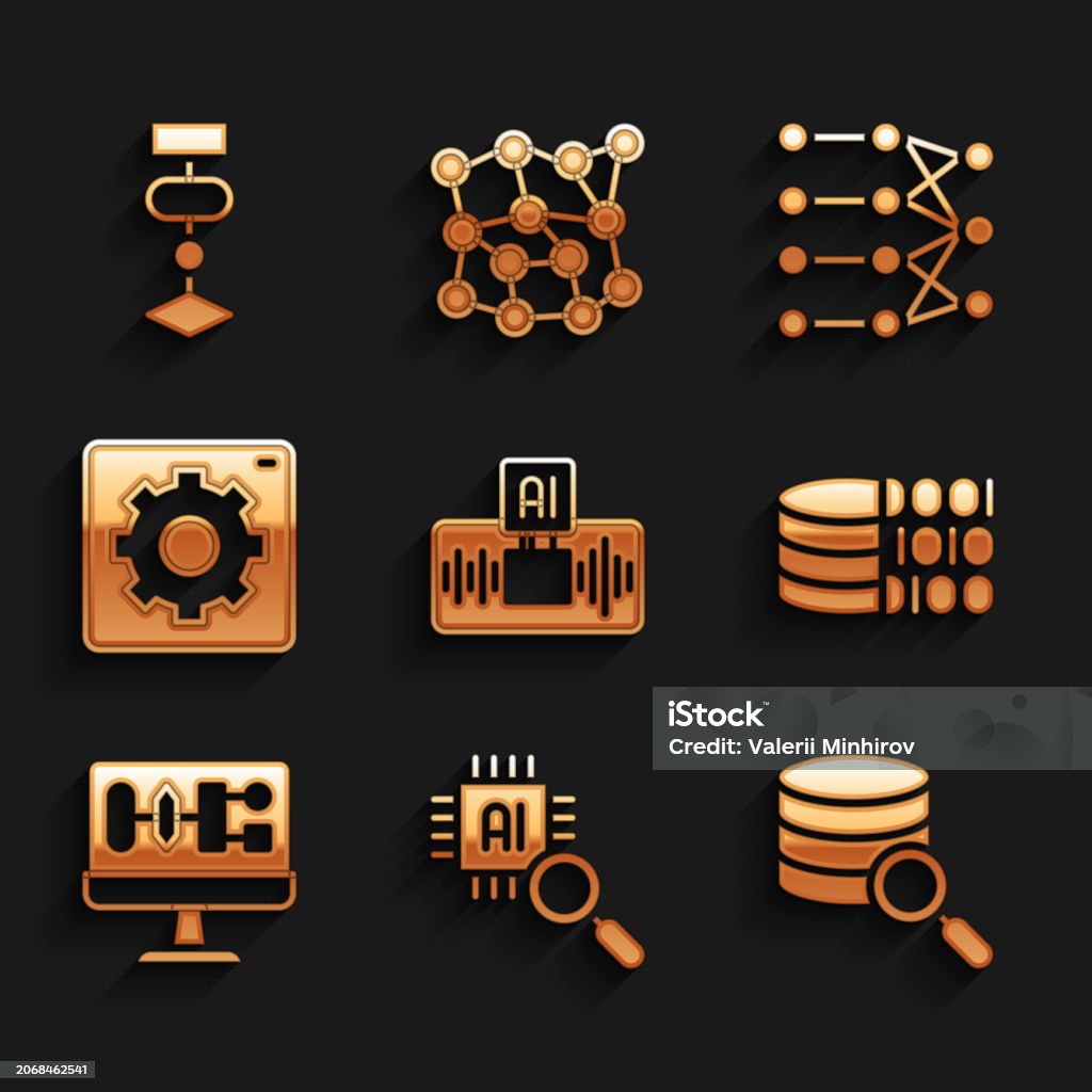 Set Artificial intelligence AI, Processor CPU, Server, Binary code, Algorithm, Computer api interface, Neural network and icon. Vector Set Artificial intelligence AI Processor CPU Server Binary code Algorithm Computer api interface Neural network and icon. Vector. Abstract stock vector Set Artificial intelligence AI, Processor CPU, Server, Binary code, Algorithm, Computer api interface, Neural network and icon. Vector Set Artificial intelligence AI Processor CPU Server Binary code Algorithm Computer api interface Neural network and icon. Vector. Abstract stock vector