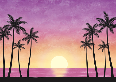 Palm trees and Hawaiian sunset scenery watercolor pink