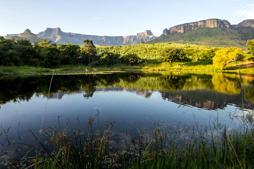 The Iconic Drakensberg Mountains of the Royal Natal national Park, including the Amphitheater, reflecting in a small fishing lake. The Amphitheatre, one of the most iconic mountains of the Drakensberg and is seen as one of the most impressive cliff faces on earth. The Mountain is a 5km long crescent shaped massif with sheer basalt cliffs of up to 1 220m high and are at its highest point 3 050m above sea level.