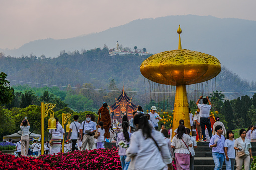 A lot of people came to warship Buddha relics celebration at royal park Rajapruek Chiangmai Thailand .March 5 2024