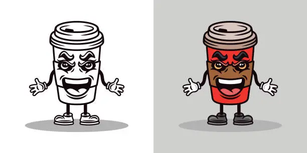 Vector illustration of Coffee paper cup cartoon mascot character. Vector illustration in two styles black on white and colorful