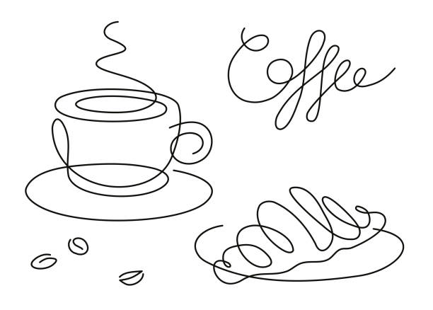 Elegant simple trendy icons black white isolated drawing coffee cup with croissant vector art illustration