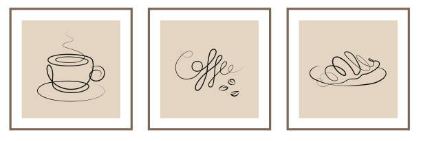 One line elegant trendy icon black white isolated drawing coffee cup Italian breakfast vector art illustration