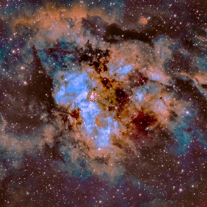 Astrophotography -NGC 3603 is a nebula situated in the Carina–Sagittarius Arm of the Milky Way around 20,000 light-years away from the Solar System. It is a massive HII region.