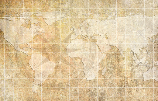 World map on an old paper texture background with space for text wind sea marine navigation. Design retro nautical template for marine theme border frame.