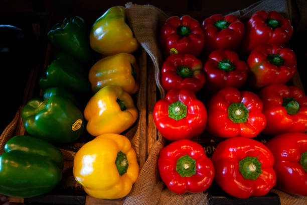 Close-up Green, yellow and red bell peppers