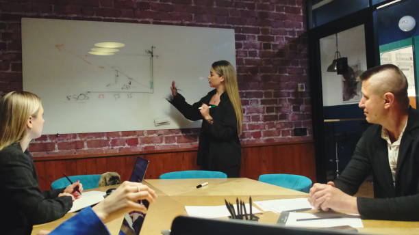 istock Businesswoman stands at whiteboard and explains statistics 2068551486