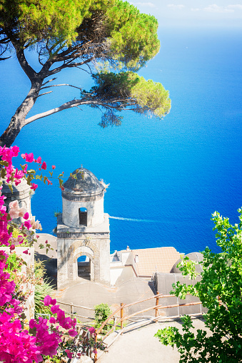Belltower in Ravello village, Amalfi coast of Italy, retro toned