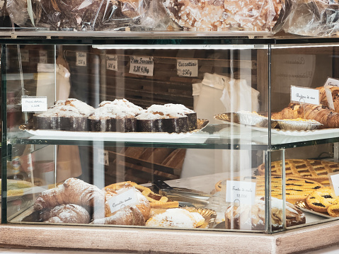 Sweets on the shelves of an Italian bakery