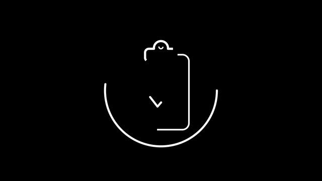 Clipboard check mark line icon inside circle, document approved, black and white outline, line icon animation on white background