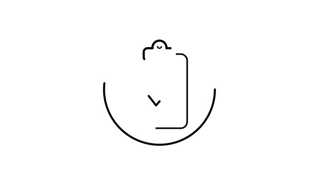 Clipboard check mark line icon inside circle, document approved, black and white outline, line icon animation on white background