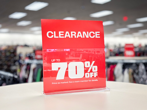 Clearance sign in a fashion retail store