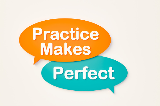 Practice makes perfect, chat bubble in orange, blue colors. Advice, exercise, accomplish, perfect, determination, ability, strategy. 3D illustration