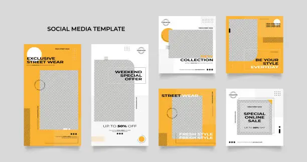 Vector illustration of Social media template banner blog street wear fashion sale promotion. fully editable square post frame puzzle organic sale poster. yellow white black vector background