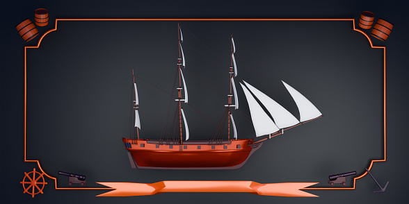 Ship model on black background. Space for text. 3d render