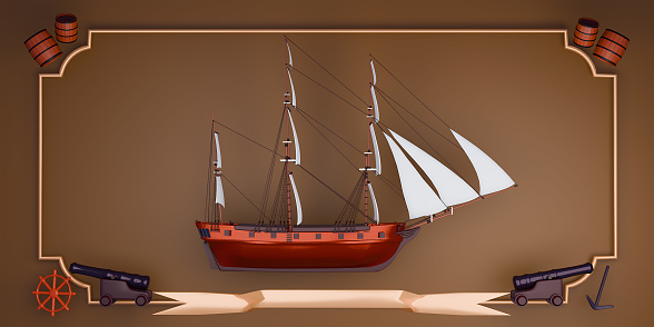 Ship model on black background. Space for text. 3d render