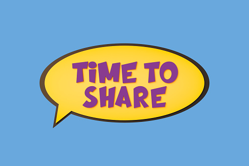 Time to share, cartoon speech bubble. Colored online chat bubble, comic style. Teamwork, time, inspiration, meeting, social gathering. 3D illustration
