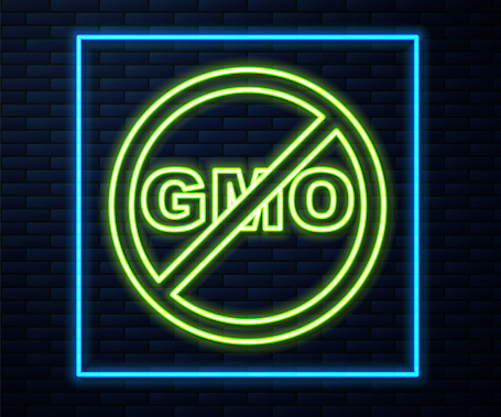 Glowing neon line No GMO icon isolated on brick wall background. Genetically modified organism acronym. Dna food modification. Vector.