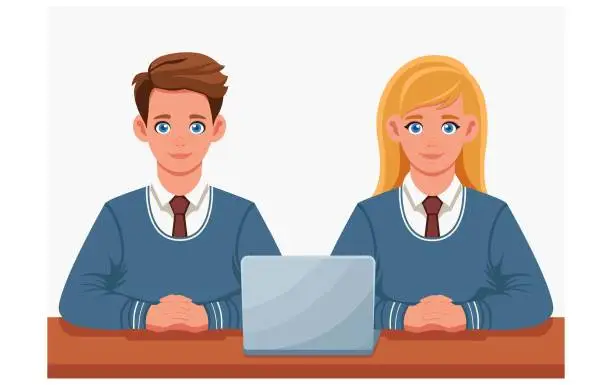 Vector illustration of Young students in school suits sit at the same desk and study on a laptop.