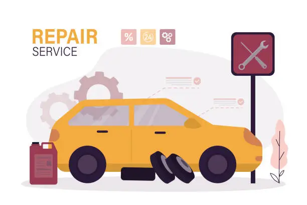 Vector illustration of Car breakdown. Tire problem, repair service, replacing a tires, road accident, vehicle maintenance abstract metaphor.