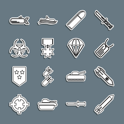 Set line Rocket Biohazard rocket Military dog tag Bullet reward medal symbol Submarine and Parachute icon. Vector.