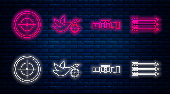 Set line Hunt on duck with crosshairs, Sniper optical sight, Target sport for shooting competition and Hipster arrows. Glowing neon icon on brick wall. Vector