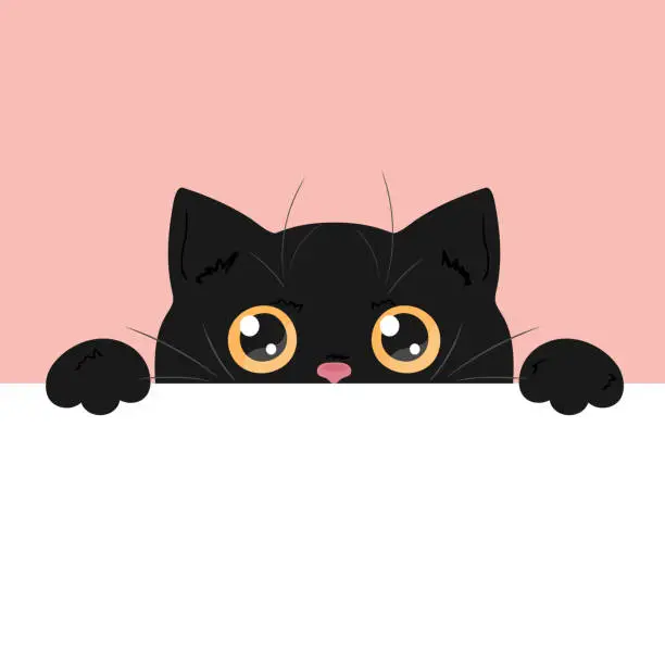 Vector illustration of Cute black peeking cat. Curious cat with big yellow eyes is looking out of the table.  Empty space for text. Vector illustration