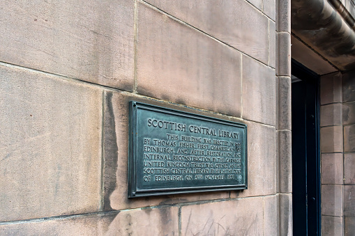 Royal Mile, Edinburgh, Scotland, August 2023. Edinburgh's Scottish Central Library sign, during the Edinburgh Fringe.