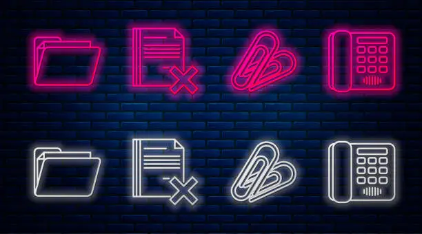 Vector illustration of Set line Delete file document, Paper clip, Document folder and Telephone. Glowing neon icon on brick wall. Vector