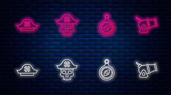 Set line Pirate captain, Compass, hat and Cannon. Glowing neon icon on brick wall. Vector.