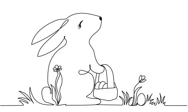 Vector illustration of Continuous line drawing of Easter bunny with basket and easter eggs on the meadow with flowers and herbs.