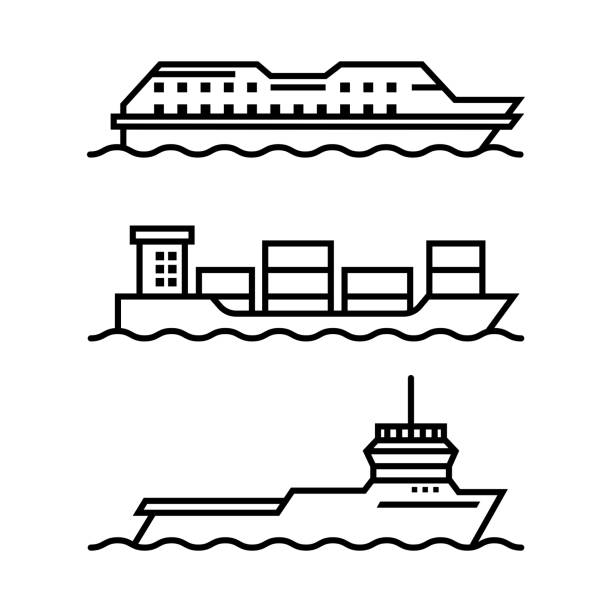illustrazioni stock, clip art, cartoni animati e icone di tendenza di disegno vettoriale del set di icone della linea della nave. - ferry container ship cruise sailing ship