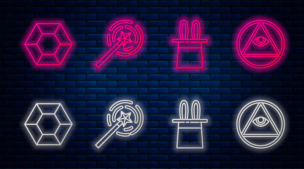 zauberstab, zauberhut und hasenohren, zauberstein und freimaurer. leuchtende neon-ikone an der backsteinwand. vektor - magic magic trick magician magic wand stock-grafiken, -clipart, -cartoons und -symbole