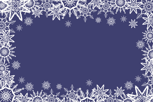 Winter frame with snowflakes over blue background with copy space. Vector background for poster, flyer, web banner, social media, Christmas or new year card design. Traditional holiday texture.
