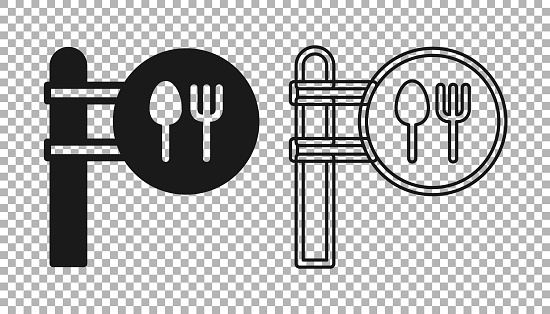 Black Cafe and restaurant location icon isolated on transparent background. Fork and spoon eatery sign inside pinpoint. Vector..