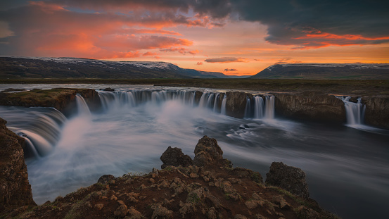 Spectacular Godafoss waterfall located in northeastern Iceland at beautiful sunset.