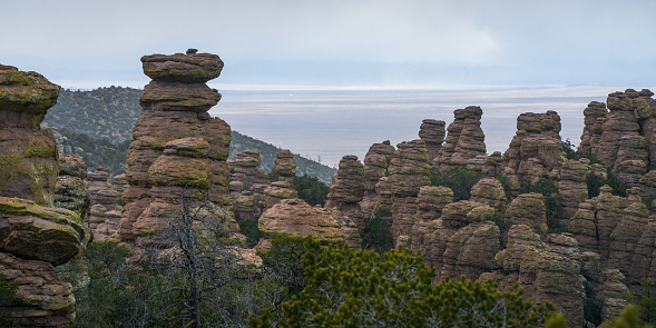 Rock hoodoos of in Chiricahua National Monument during winter storm in Coronado National Forest