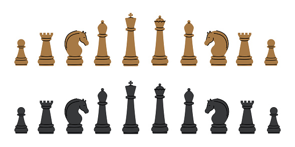 An illustration of a cartoon style set of wooden chess figures. Board game pieces. Isolated on white.