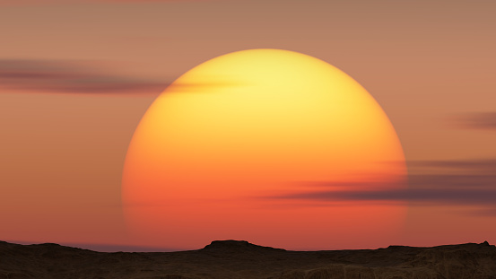 3D render of setting sun at desert with telephoto lens