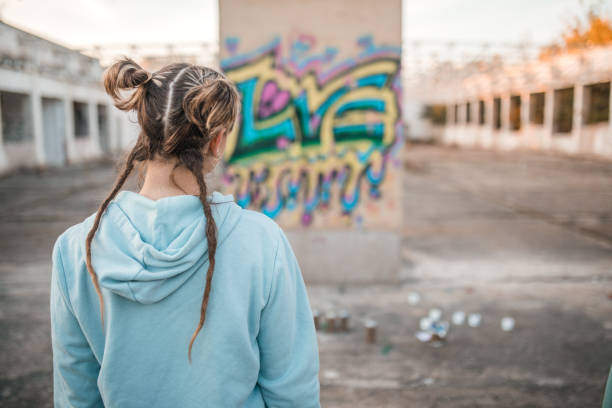 istock Back view of the artist looking at the graffiti she has drawn 2068792543