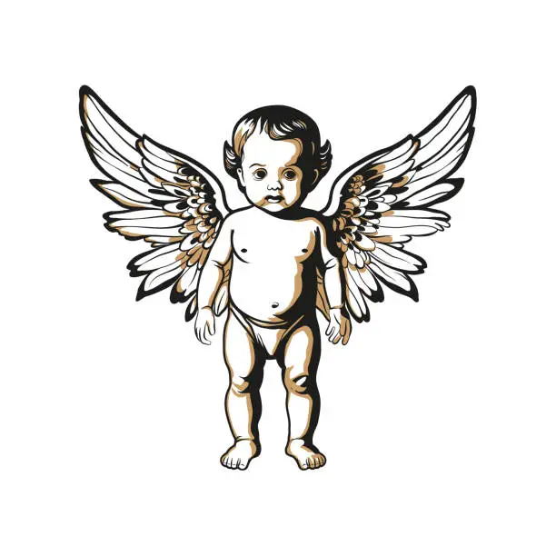 Vector illustration of A baby angel stands in full growth on his feet with wings behind his back. Vintage engraving drawn by hand in vector. Cupid figure isolated.